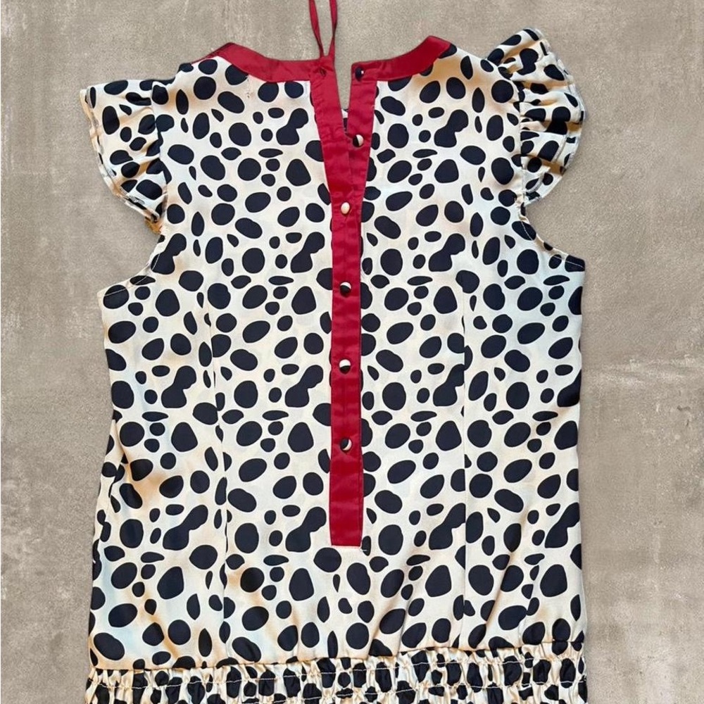 Vintage Rock & Republic Polka Dot Blouse Red Trim Ruffle Sleeve Size M